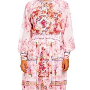 Dalia Macphee Floral Dress XL Pleated Skirt Sheer Sleeves Romantic Feminine